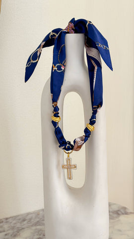 Scarf Necklace - Royal Print/Large Cross