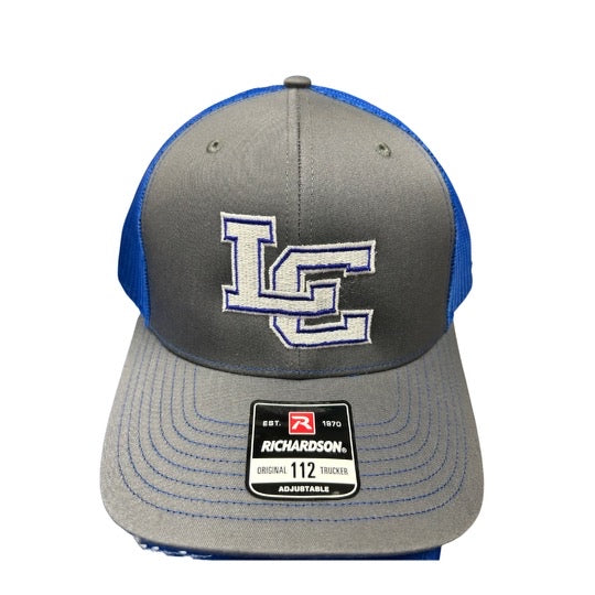 LC blue mesh back hat with gray bill